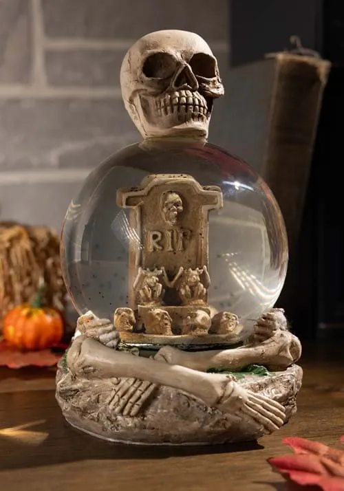 6" Skeleton Water Globe with Tombstone and Glitter Bats