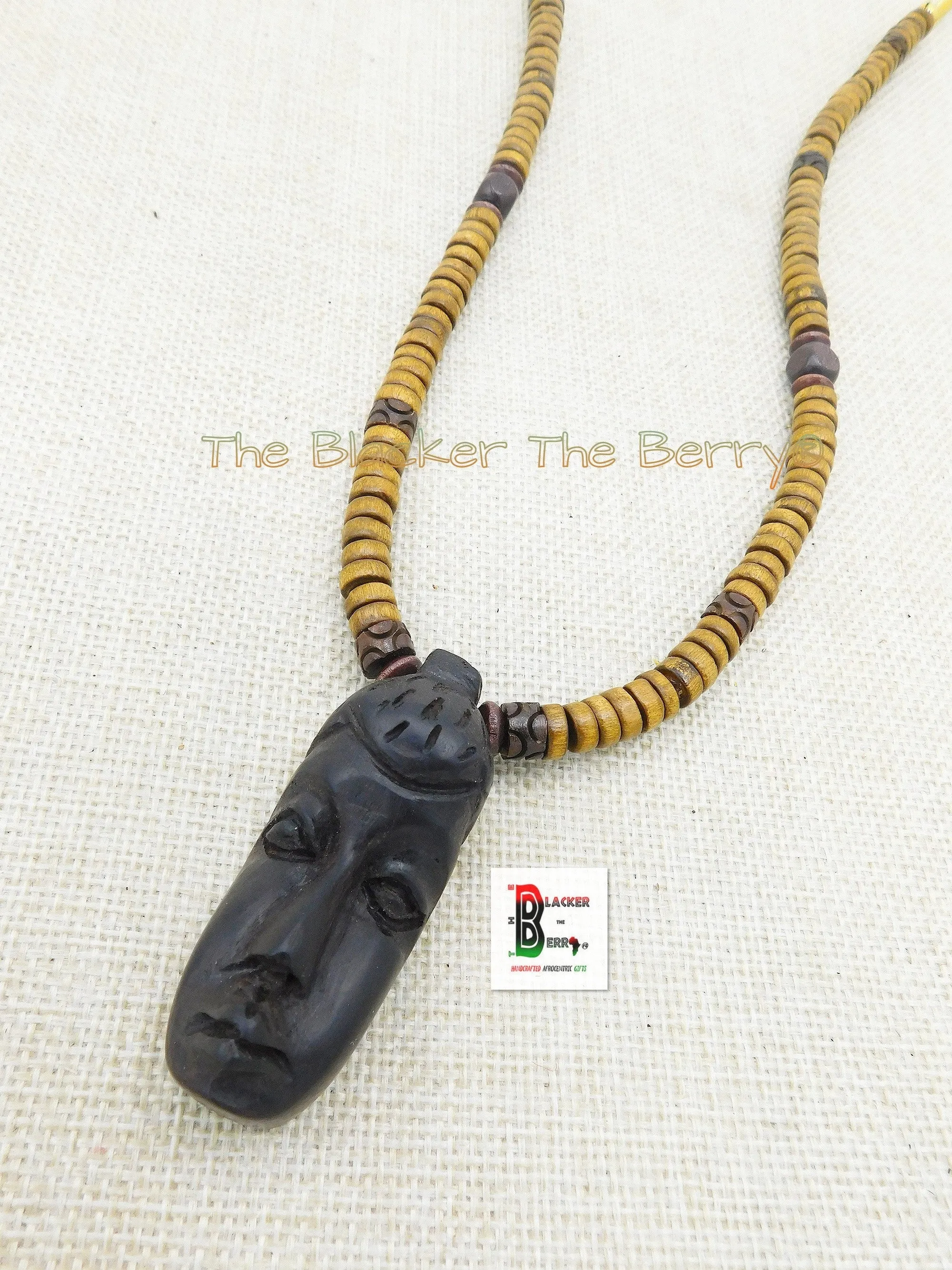 African Wooden Mask Carved Jewelry Beaded Necklaces Black Owned Business