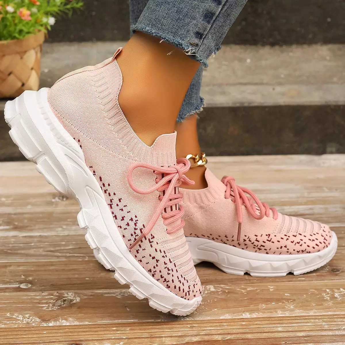 Ashore Shop Pink Knitting Platform Sneakers for Women 2024 Spring Mesh Breathable Sports Shoes Woman Non Slip Thick Sole Running