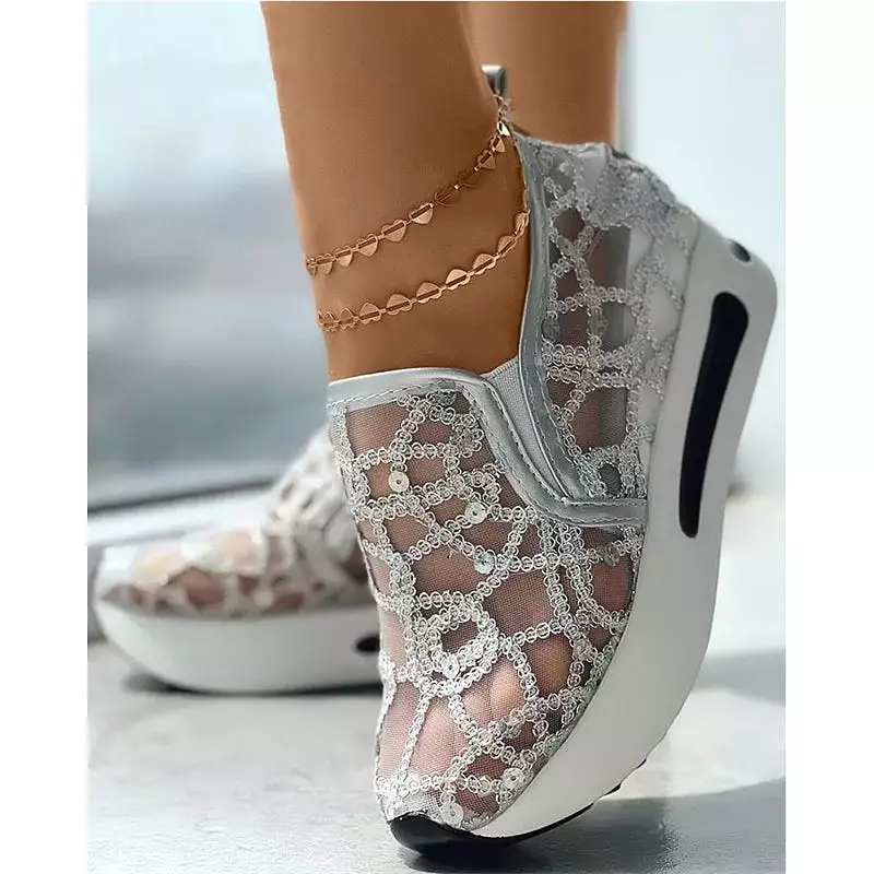 Ashore Shop womens Wedge Shoes Sequin Mesh Breathable Shoes Women Gold Silver Platform Sneakers