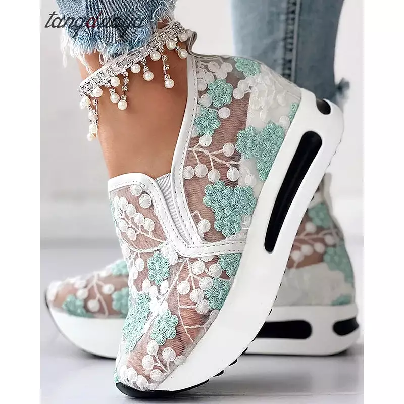 Ashore Shop womens Wedge Shoes Sequin Mesh Breathable Shoes Women Gold Silver Platform Sneakers