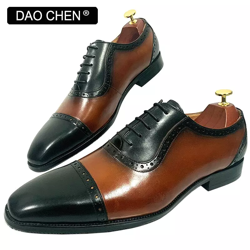 BLACK BROWN CAP TOE SHOES LACE UP CASUAL  GENUINE LEATHER MEN SHOES