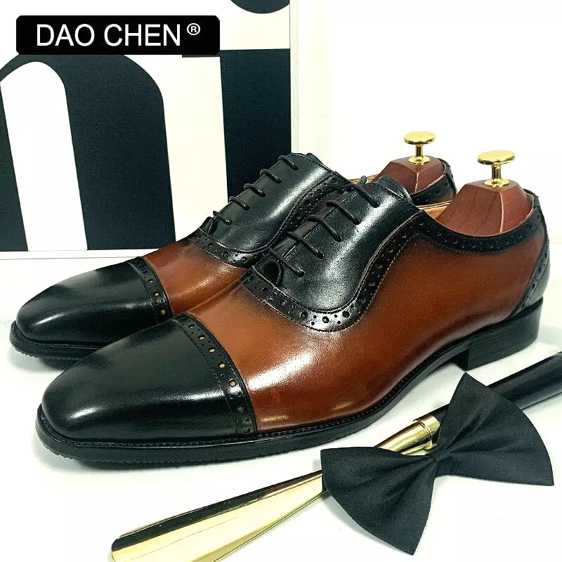 BLACK BROWN CAP TOE SHOES LACE UP CASUAL  GENUINE LEATHER MEN SHOES