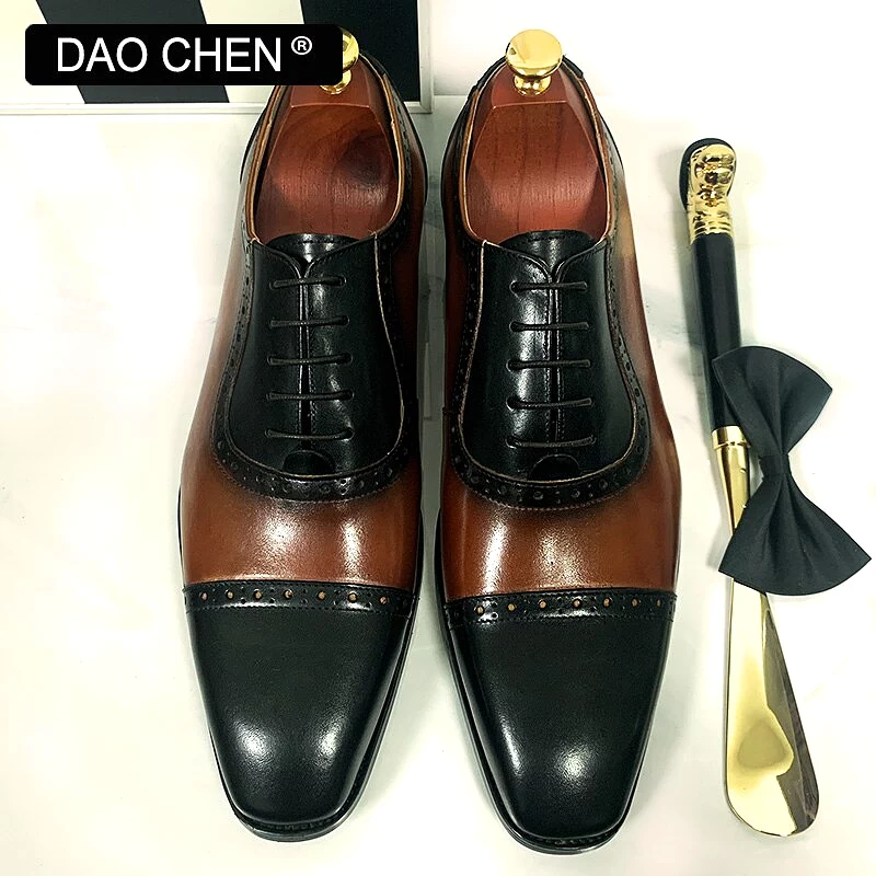 BLACK BROWN CAP TOE SHOES LACE UP CASUAL  GENUINE LEATHER MEN SHOES