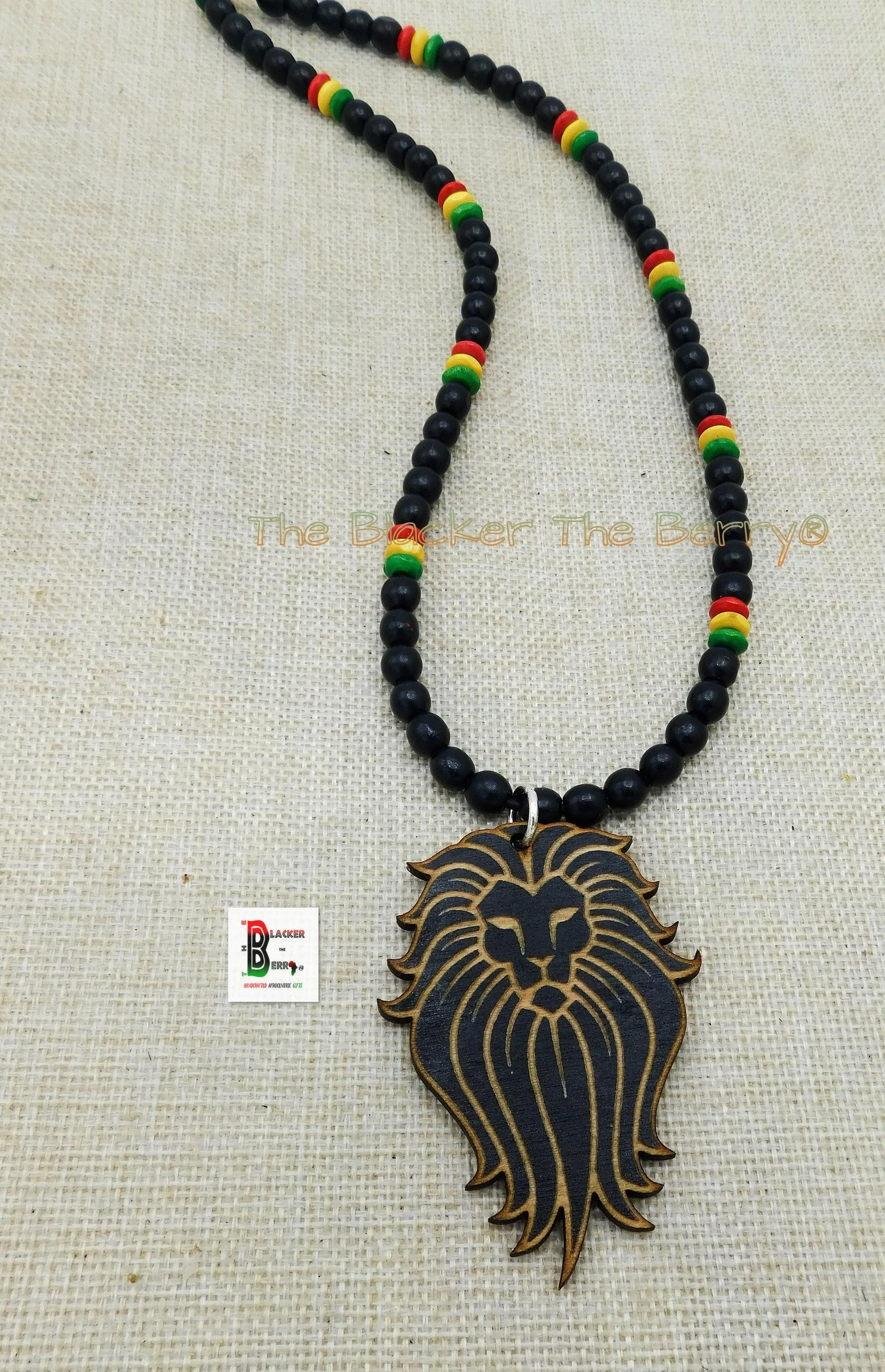 Black Lion Necklace Beaded African Afrocentric Red Yellow Green Black Owned