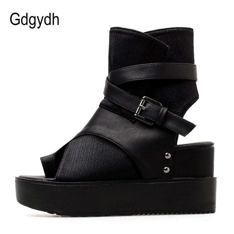 Black Women Ankle Boots Spring Autumn Peep Toe Flat Heel Boots For Female Buckle Platform Wedges Shoes Summer Comfortable