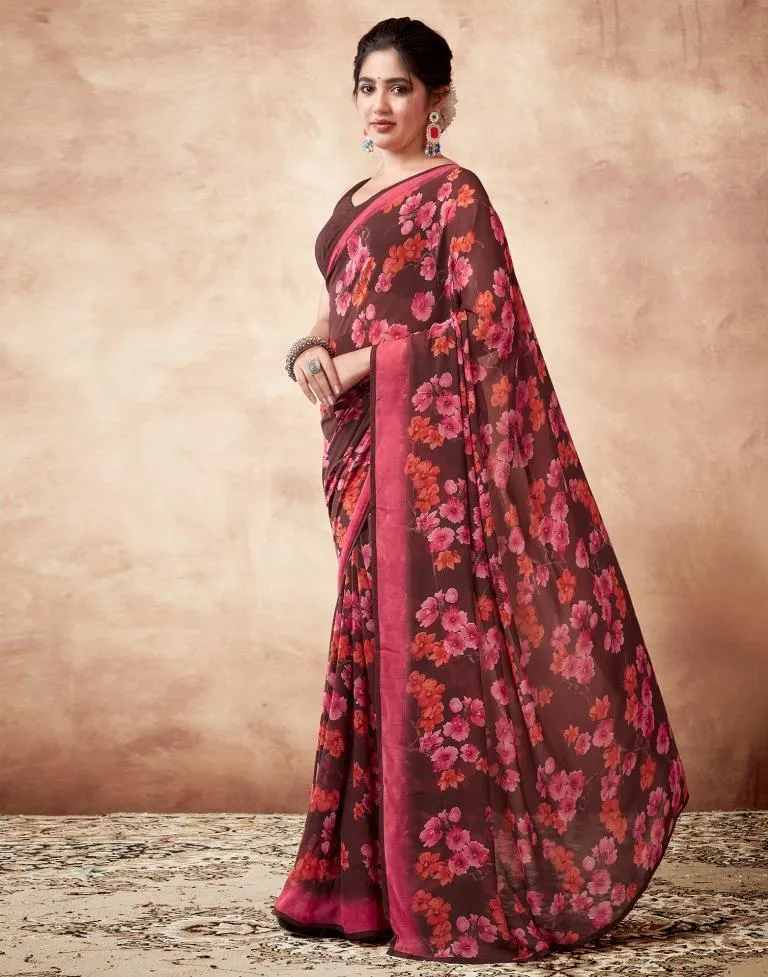 Brown Georgette Printed Sarees