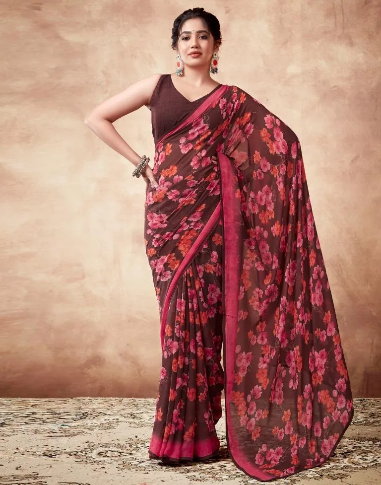 Brown Georgette Printed Sarees