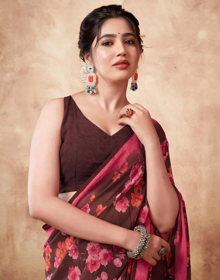 Brown Georgette Printed Sarees