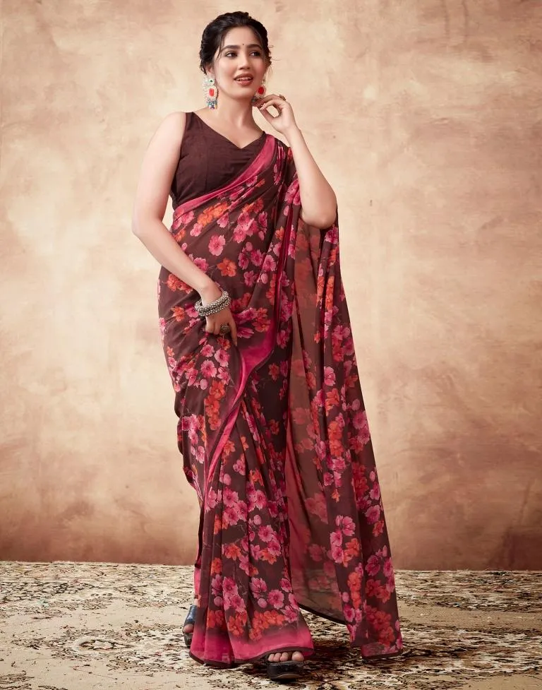 Brown Georgette Printed Sarees