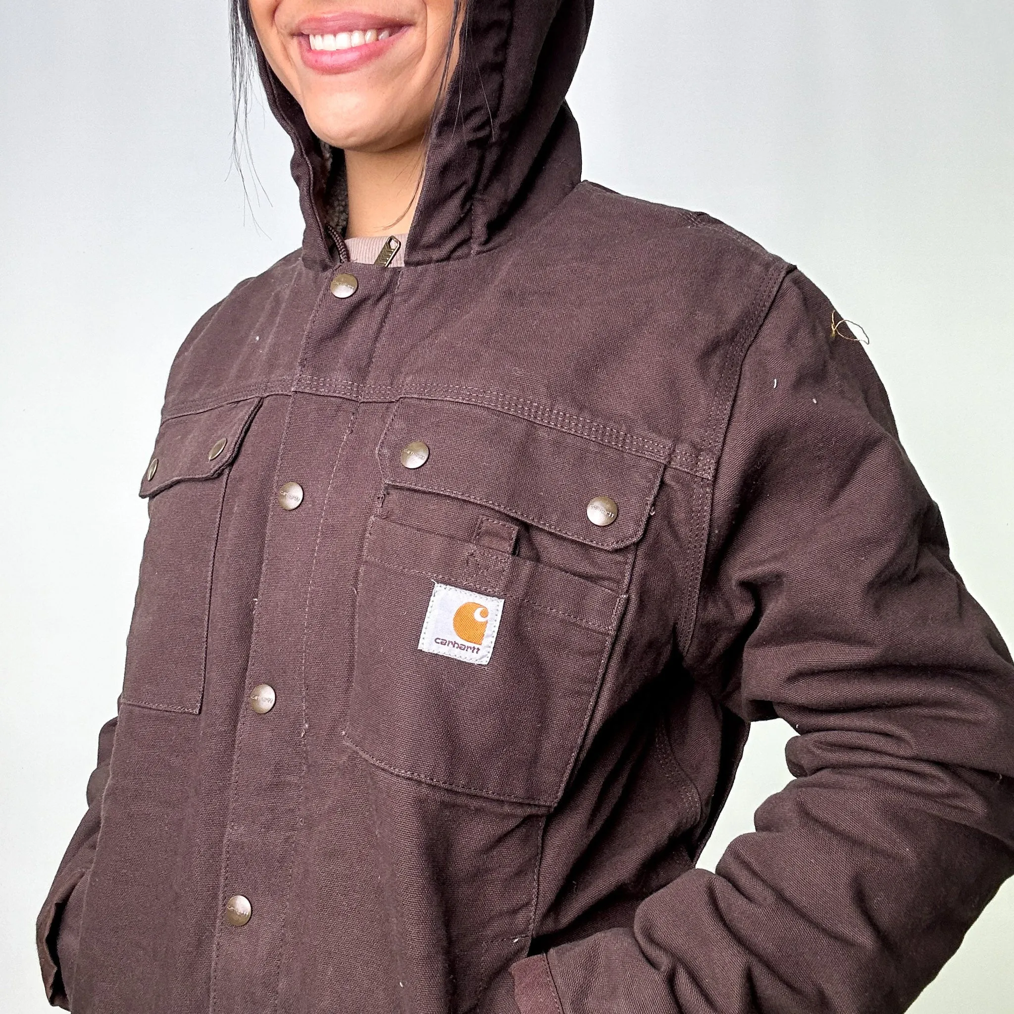 Brown Vintage Carhartt Sherpa Lined Hooded Arctic Deadstock Workwear Jacket Coat (S)