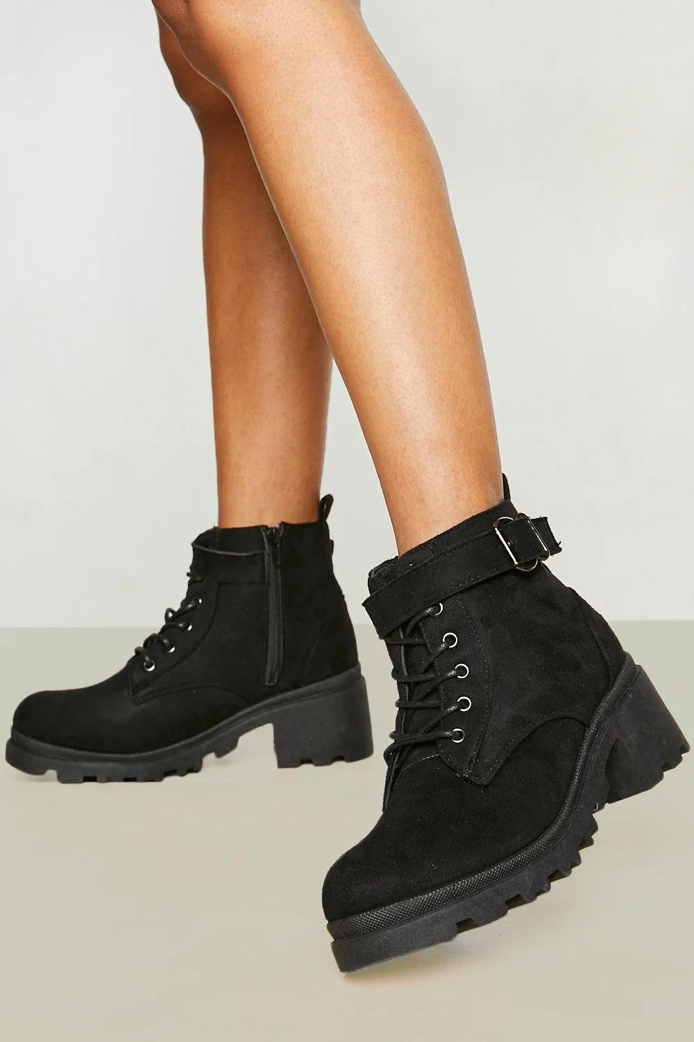 Buckle Detail Block Heel Combat Boots