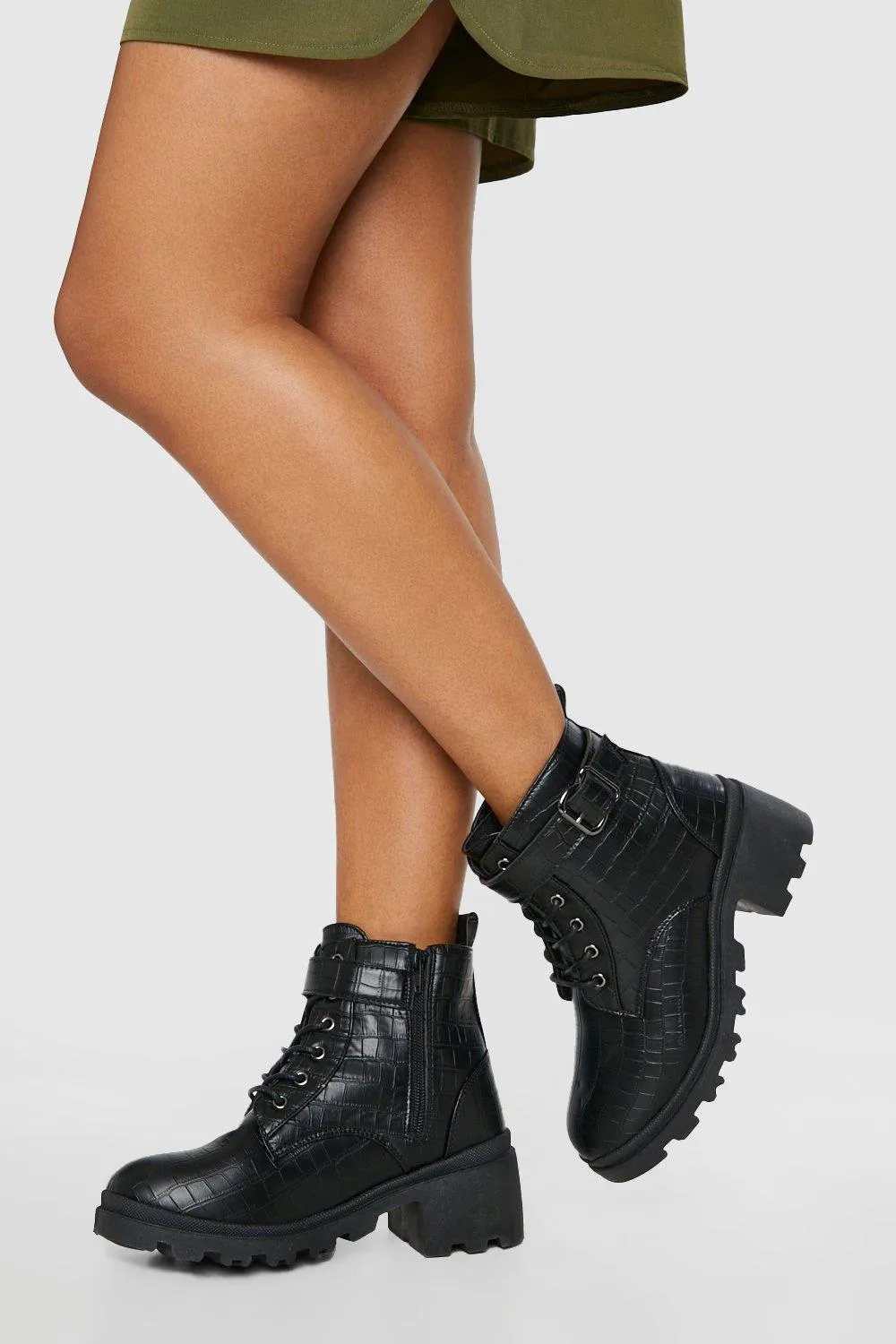 Buckle Detail Block Heel Croc Combat Boots