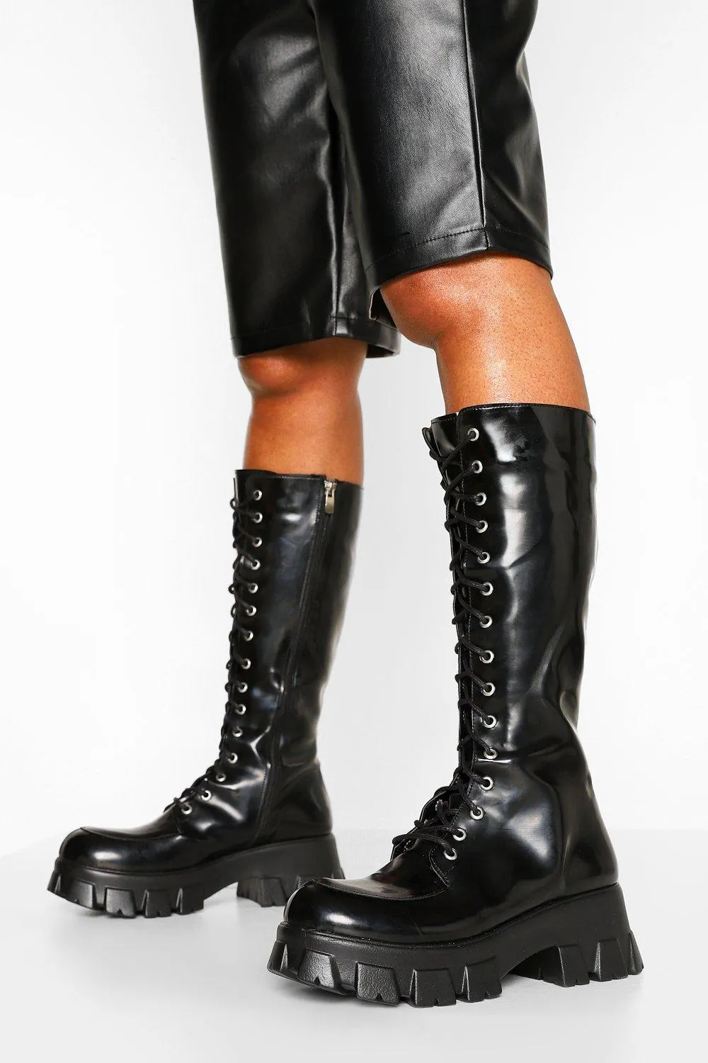 Calf Height Chunk Lace Up Combat Boots