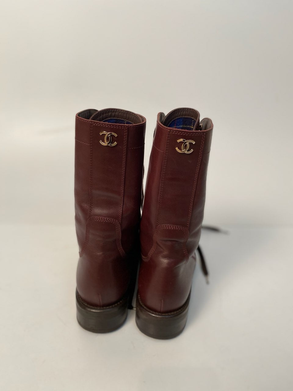 Chanel 13A 2013 Fall Paris Edinburgh Dark Brown Blue Interior Leather Lace Up Engineer Boots EU 39