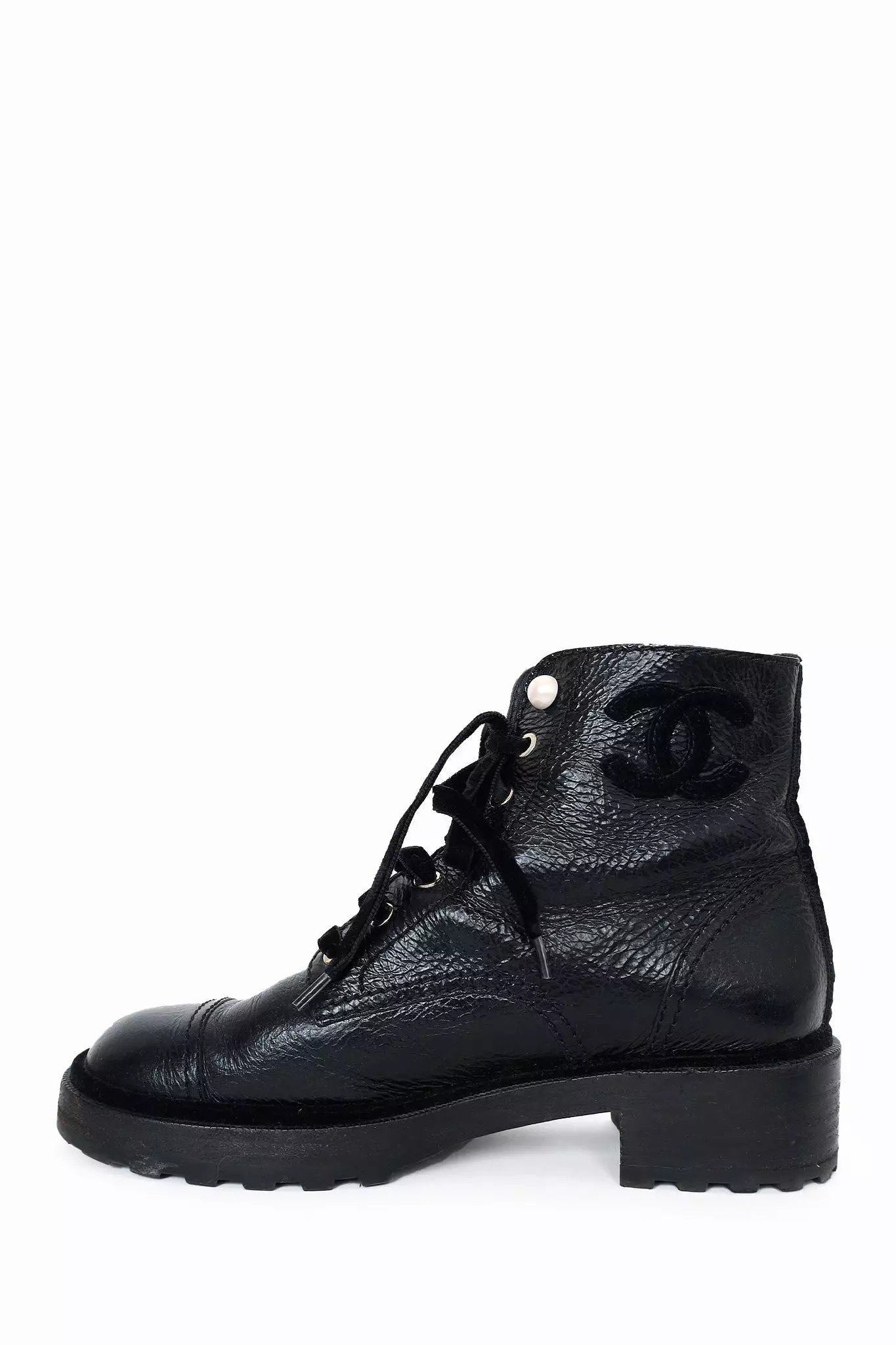 Chanel Black Leather Shiny Calfskin Velvet Pearl Combat Boots Size 40