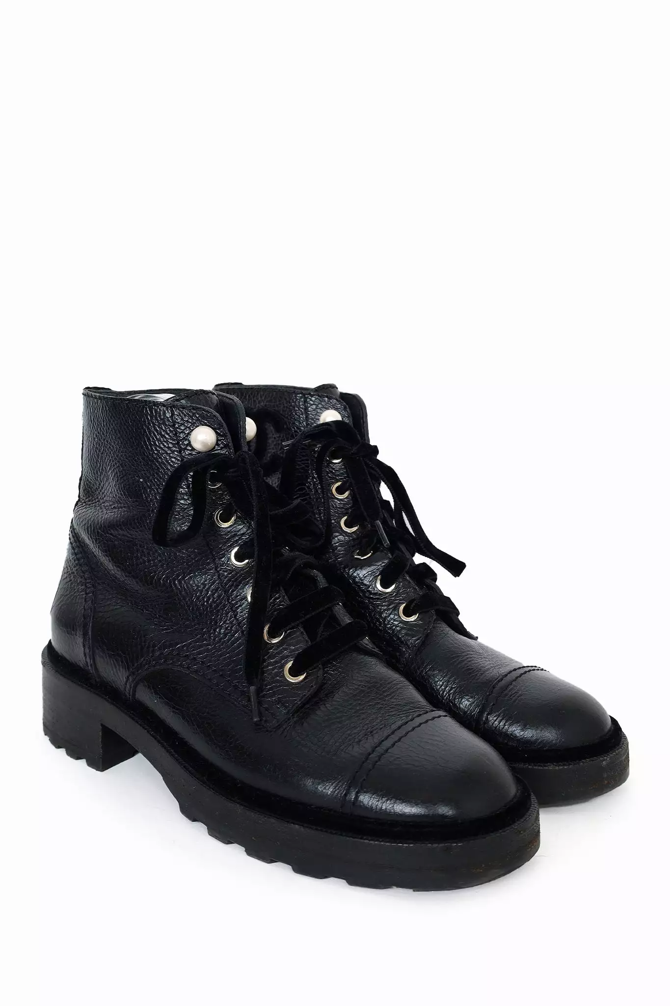 Chanel Black Leather Shiny Calfskin Velvet Pearl Combat Boots Size 40