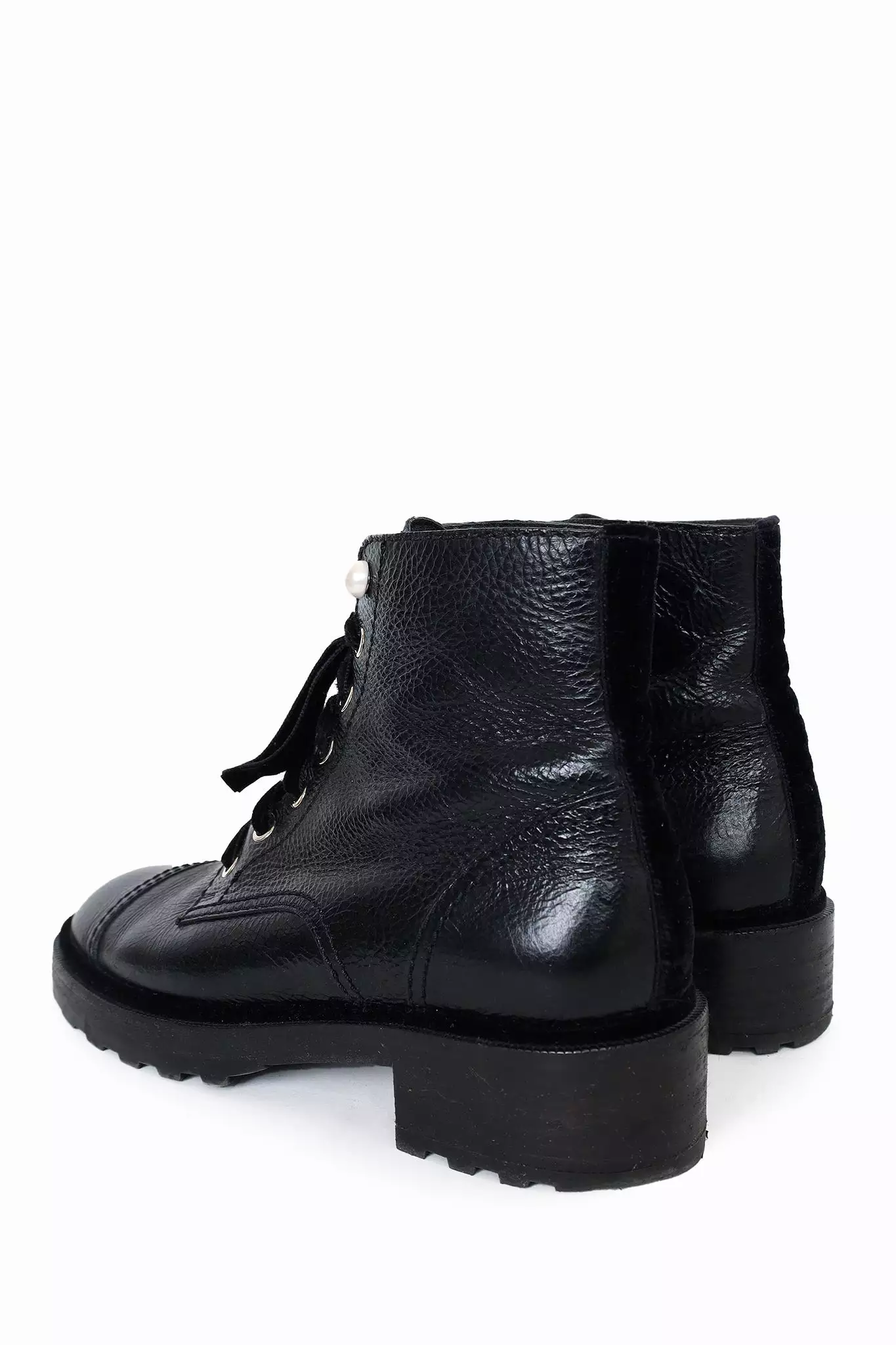 Chanel Black Leather Shiny Calfskin Velvet Pearl Combat Boots Size 40