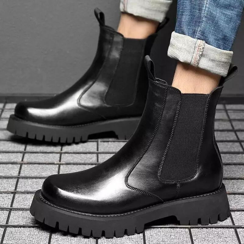 Chelsea Man Boot Elevator Winter Men Leather Shoe Height Increased High Top Male Platform Boots Spring Autumn