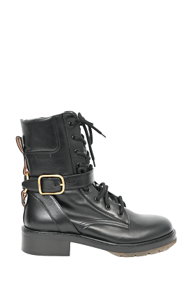 Chloe Black Leather Gold Buckled Combat Boots Size 40