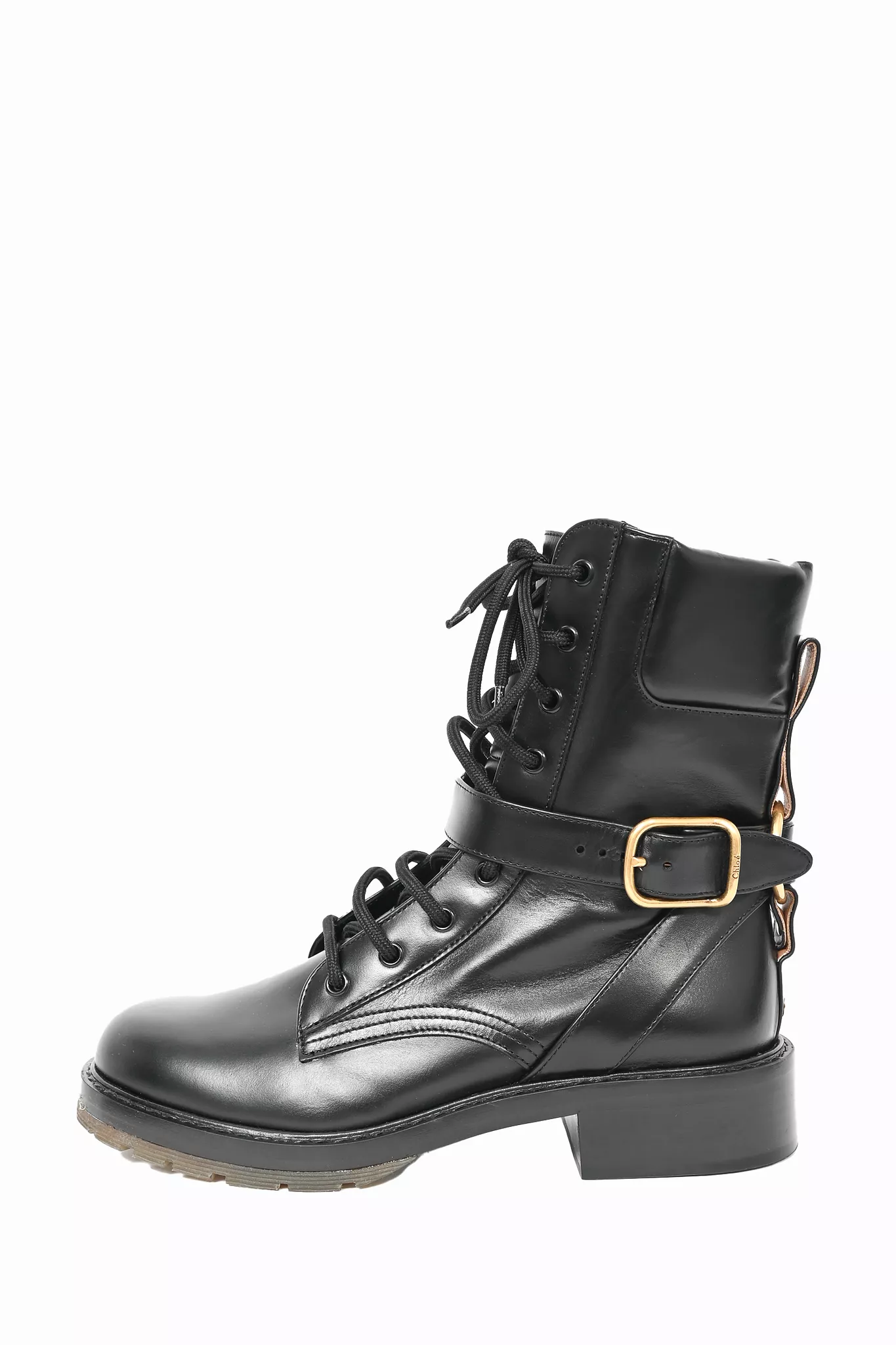 Chloe Black Leather Gold Buckled Combat Boots Size 40