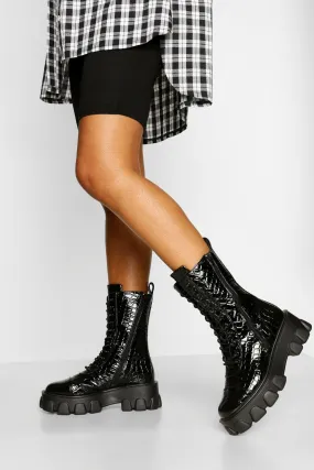 Chunky Platform Calf High Combat Boots