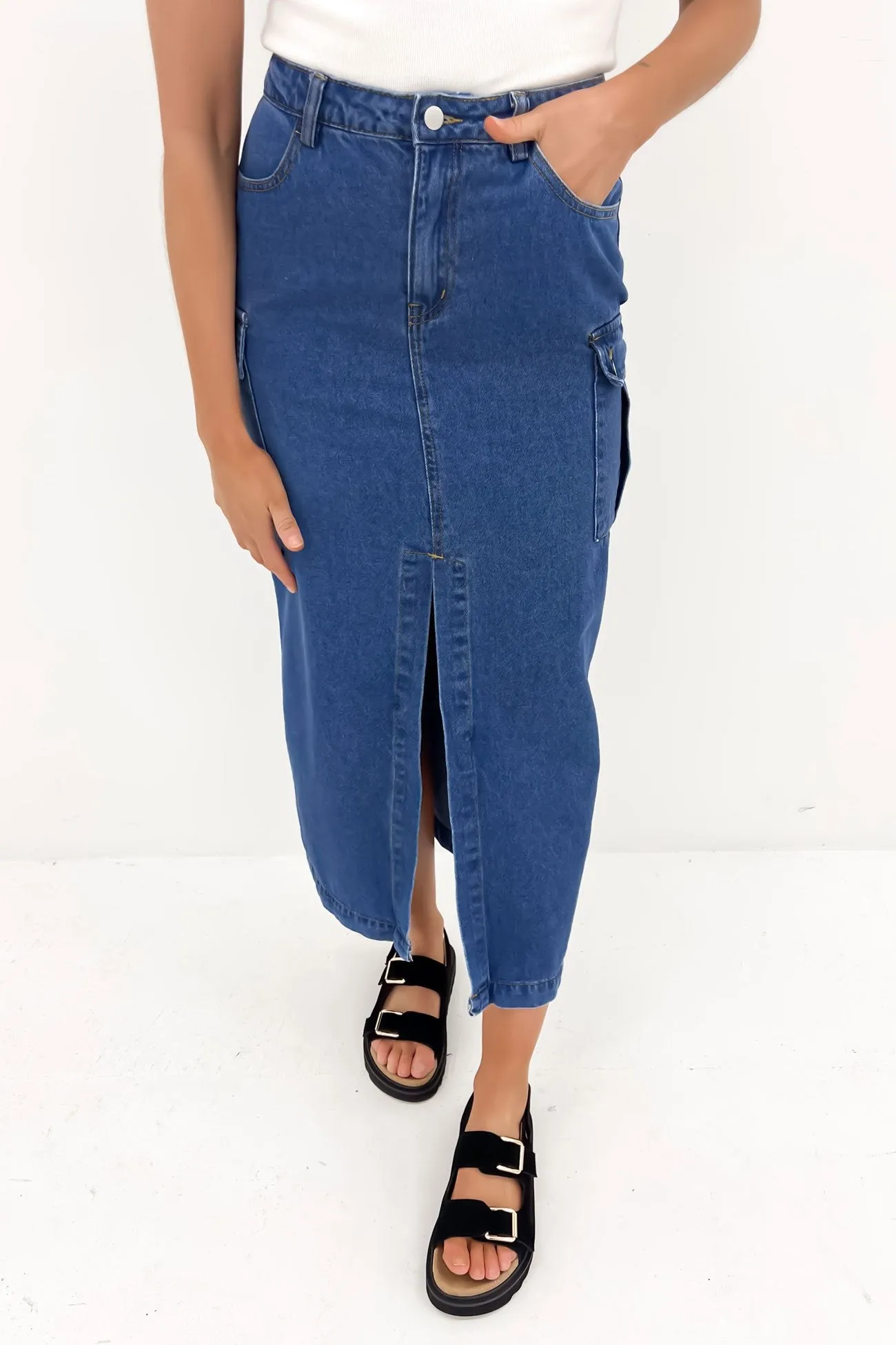 Citra Cargo Denim Midi Skirt Blue