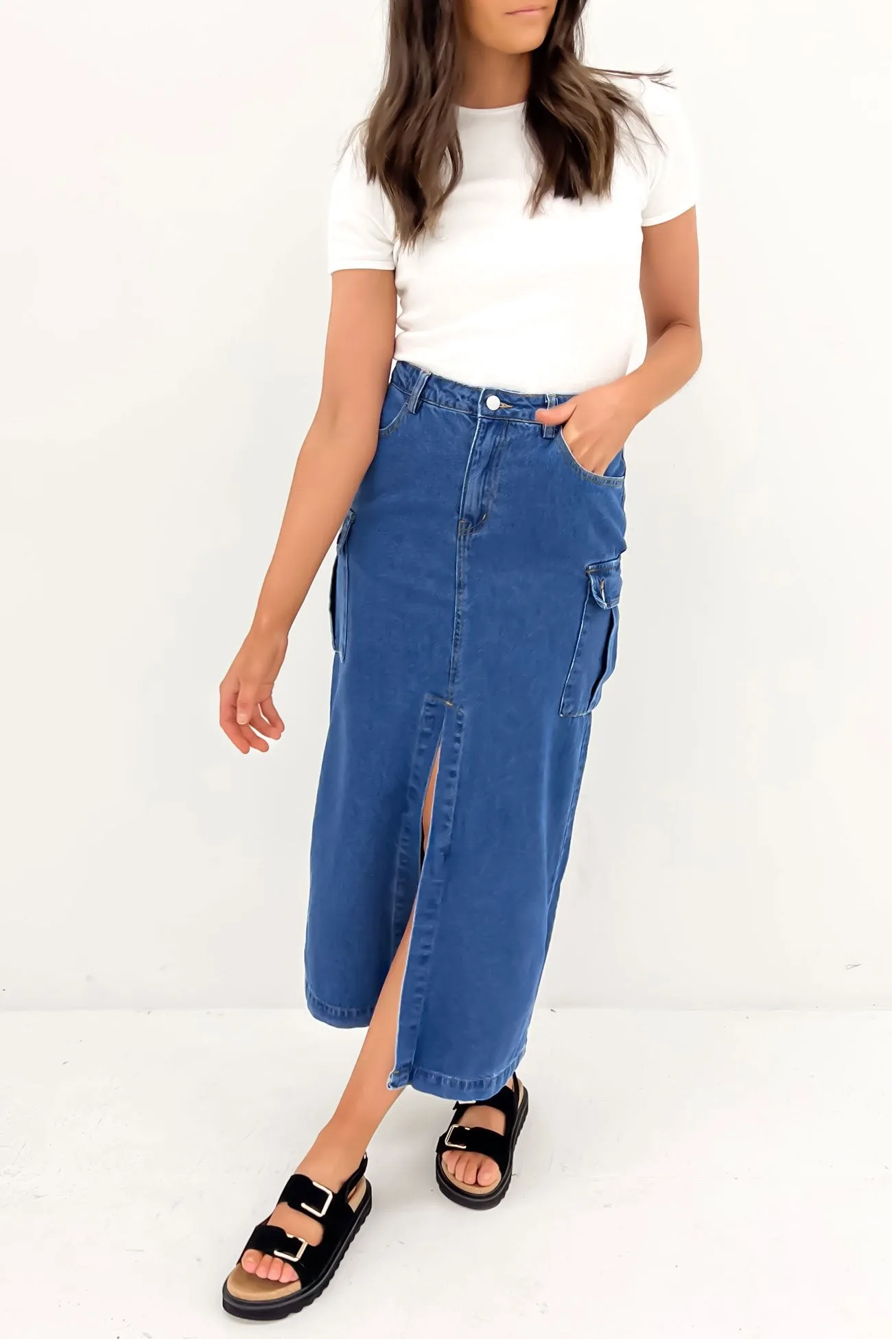 Citra Cargo Denim Midi Skirt Blue