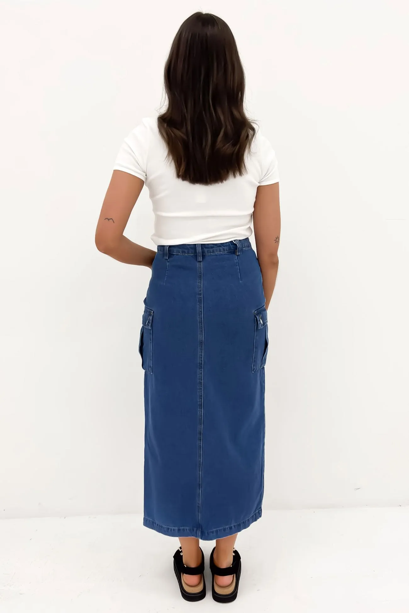 Citra Cargo Denim Midi Skirt Blue