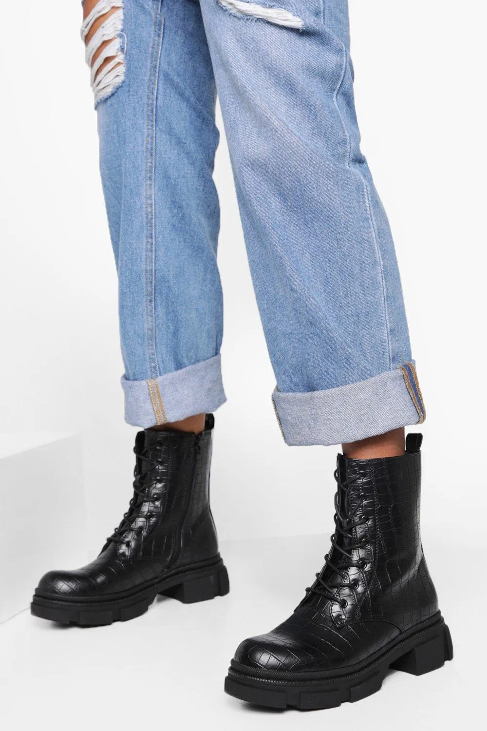 Cleated Croc Lace Up Combat Boots