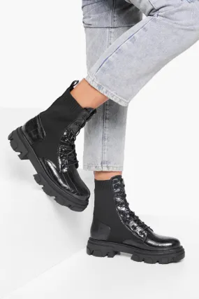 Cleated Knit Detail Croc Combat Boots