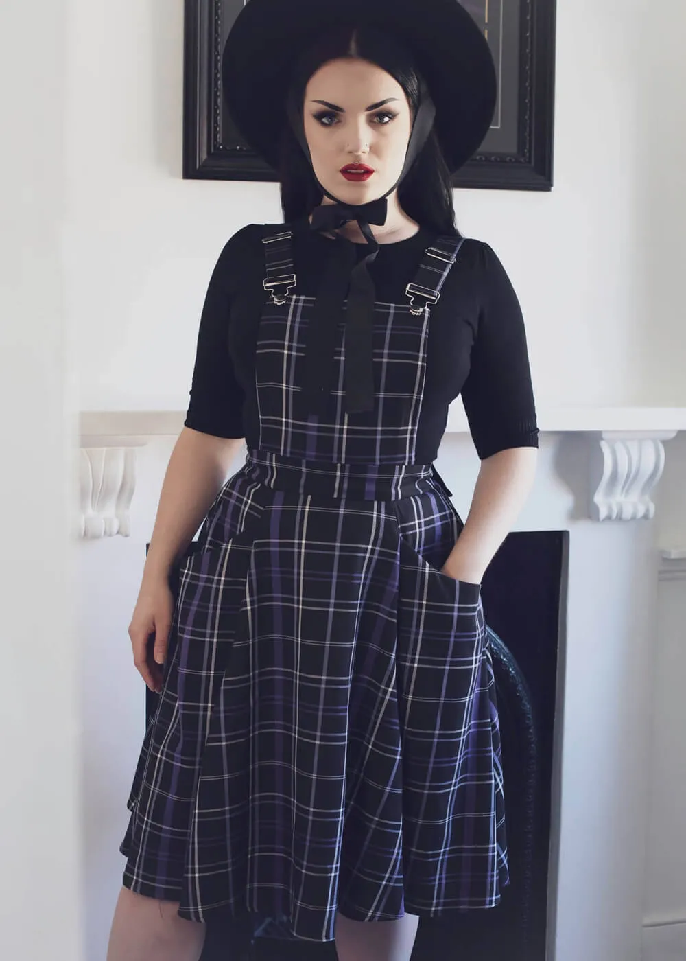 Collectif Kayden Nancy Check Overalls 60's Swing Dress Black