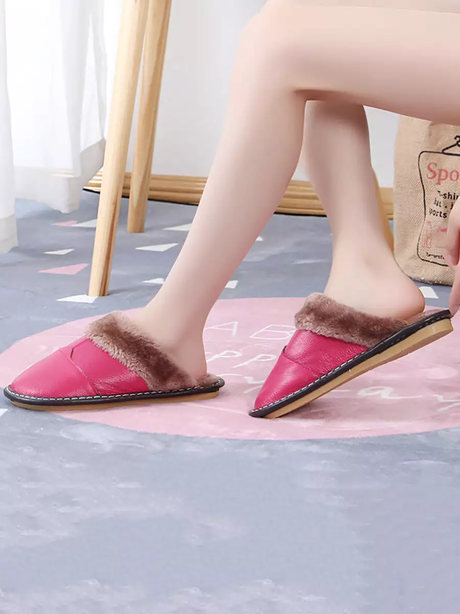 Couple Winter Vintage Leather Plush Indoor Slippers