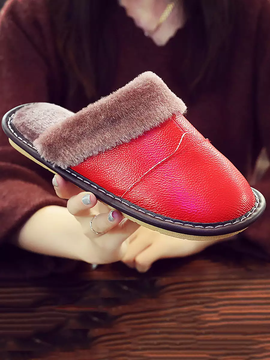 Couple Winter Vintage Leather Plush Indoor Slippers