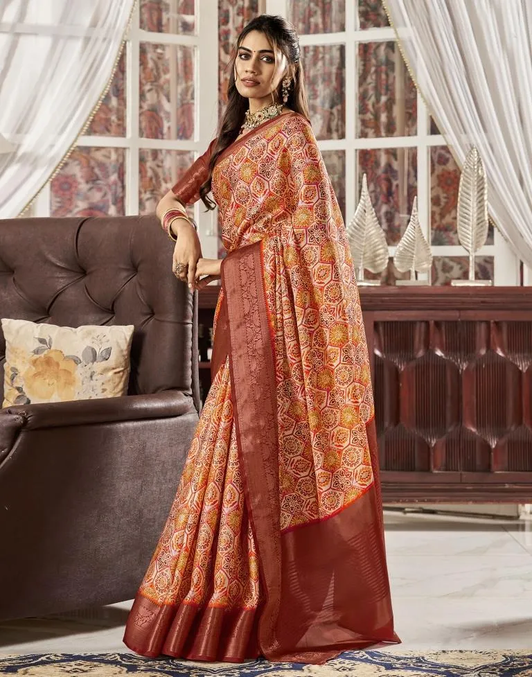 Cream Silk Printed Sarees