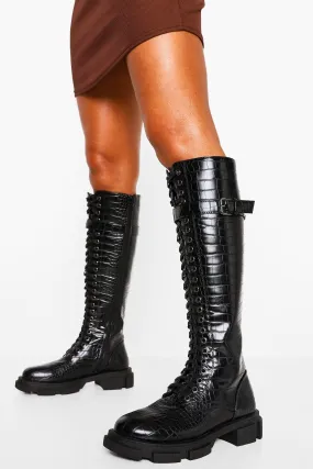 Croc Lace Up Buckle Knee High Combat Boots