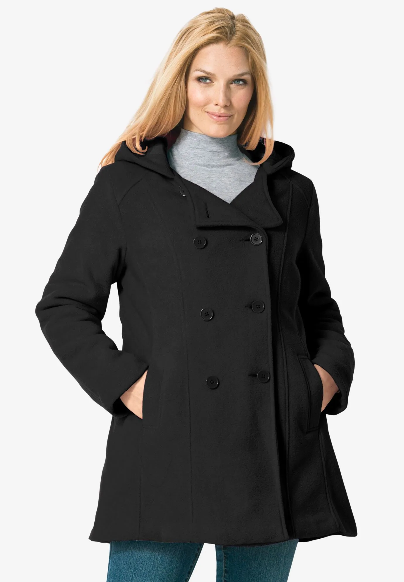 Double-Breasted Hooded Fleece Peacoat