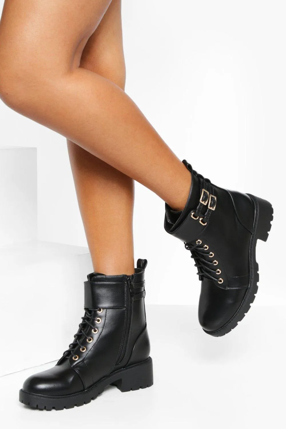 Double Gold Buckle Detail Combat Boots