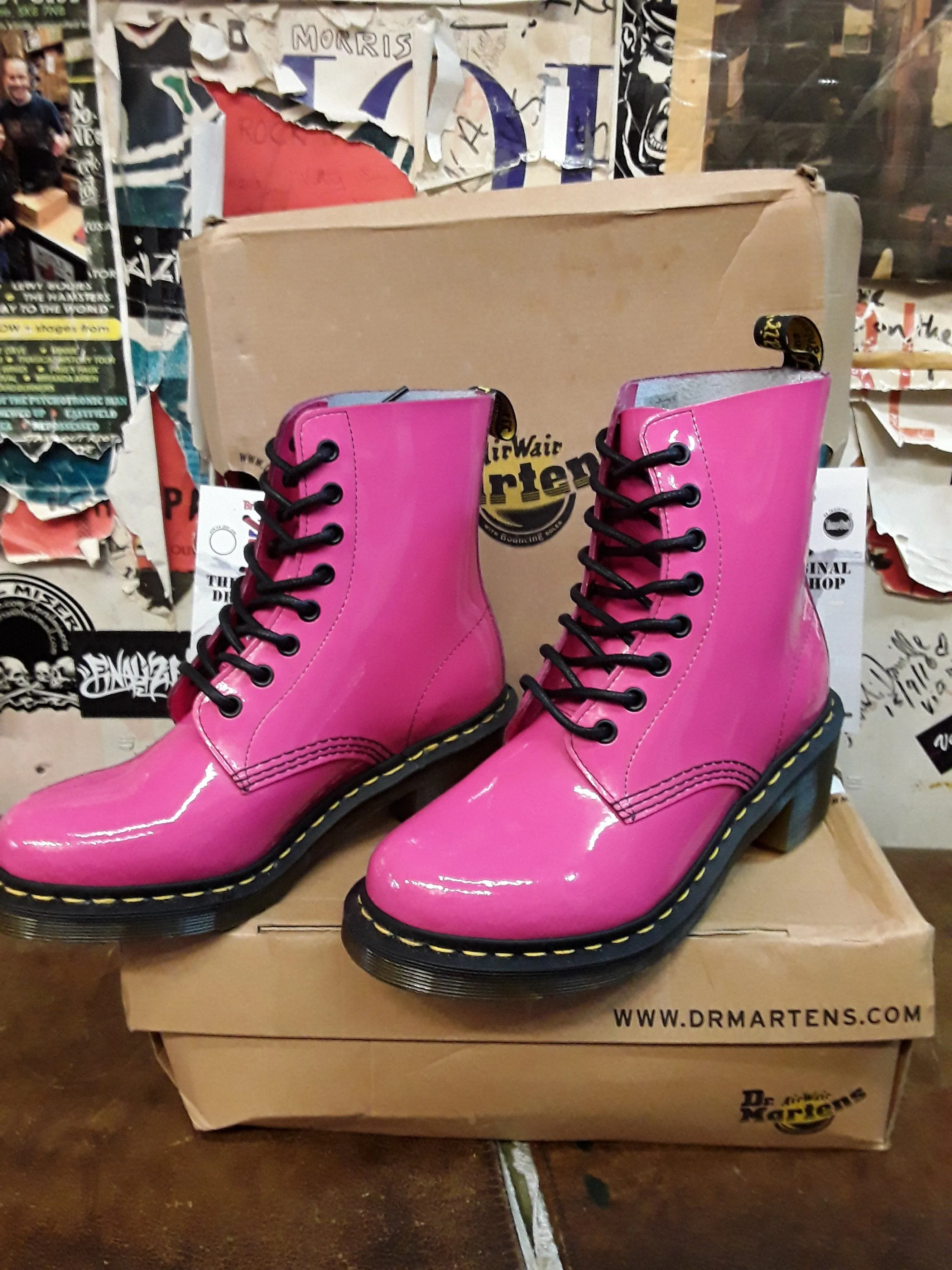 Dr Martens Clemency 8 Hole Heeled Boot Pink Patent Size 6