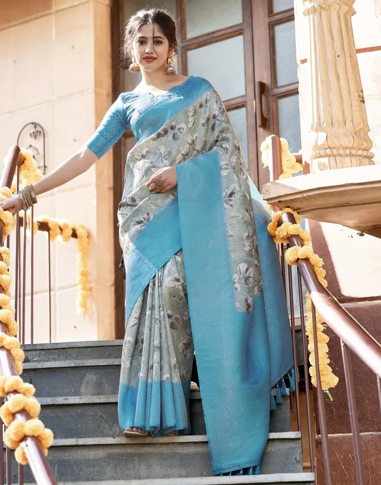 Dusty Green Silk Printed Sarees