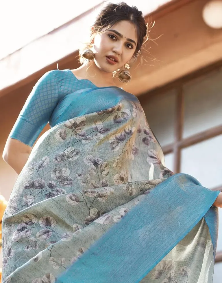 Dusty Green Silk Printed Sarees