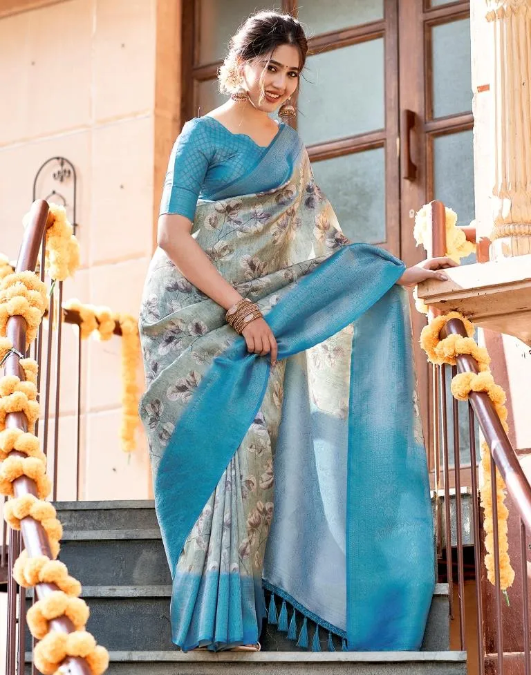 Dusty Green Silk Printed Sarees