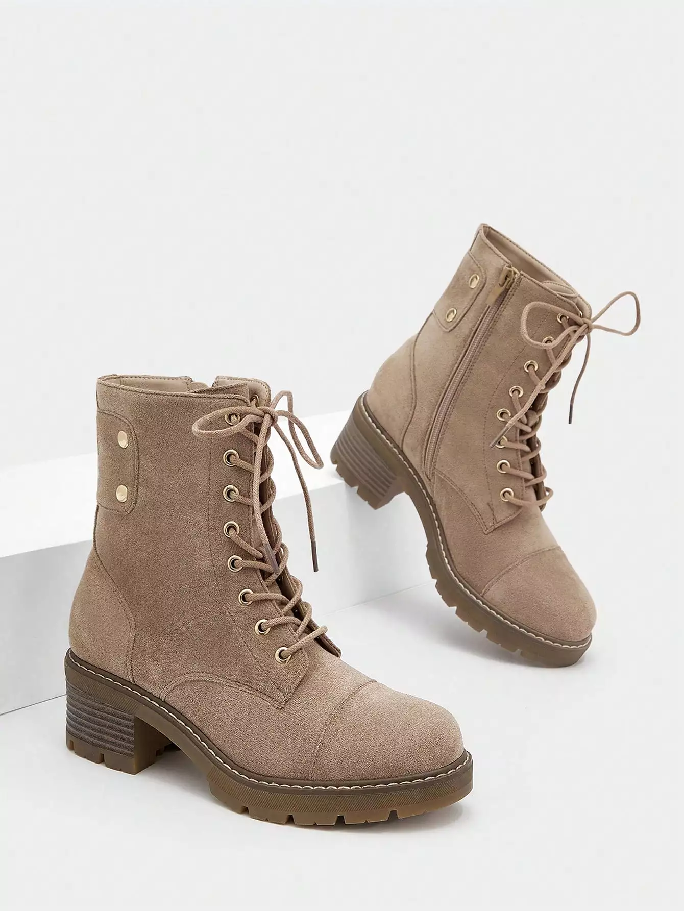 Elegant Combat Boots For Women, Faux Suede Lace-up Front Platform Fashion Boots