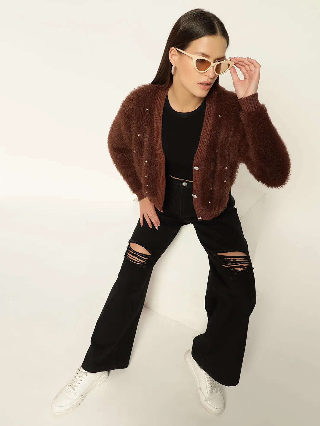 HEARTS FUR SWEATER-BROWN