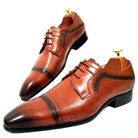 ITALIAN MEN DRESS SHOES ENGRAVED PLAID SHOES LACE UP GENUINE LEATHER