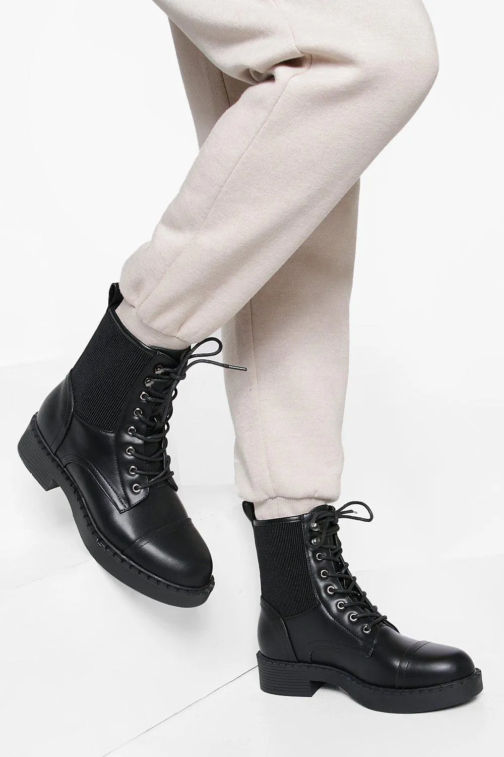 Knitted Pu Lace Up Combat Boots