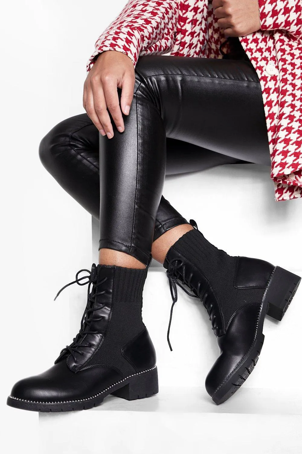 Knitted Pu Mix Lace Up Combat Boots