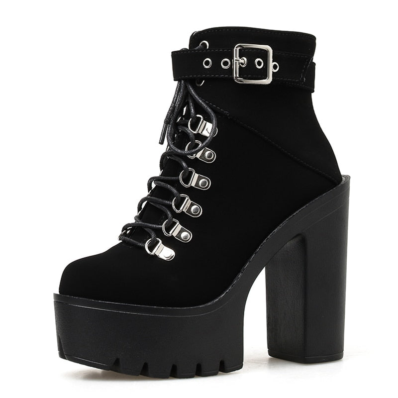 Lace Up Women Boots Platform Buckle Boot Winter Shoes Thick Heel Autmn Boots With Zipper Ankle Strap Black Suede Gothic