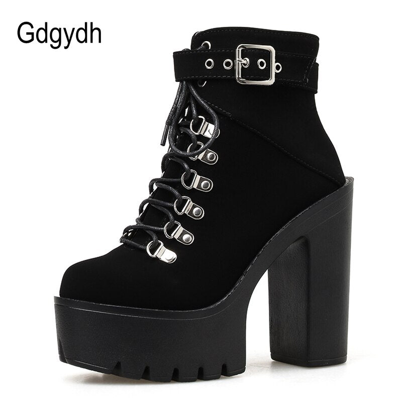 Lace Up Women Boots Platform Buckle Boot Winter Shoes Thick Heel Autmn Boots With Zipper Ankle Strap Black Suede Gothic