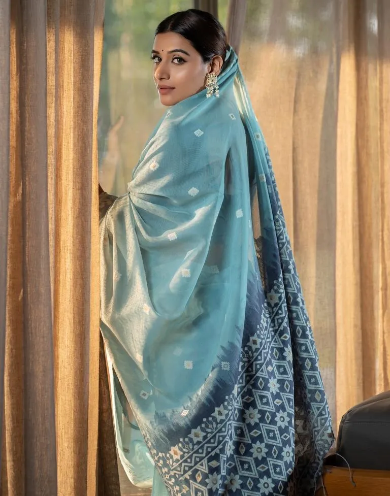 Light Blue Cotton Woven Sarees